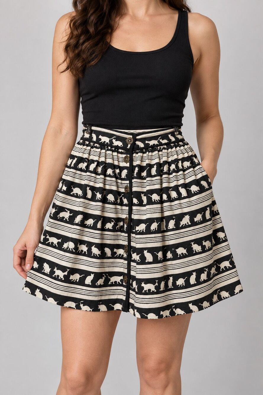 Cooperative Cat Print Skirt XS Black White Rayon Button Front Novelty